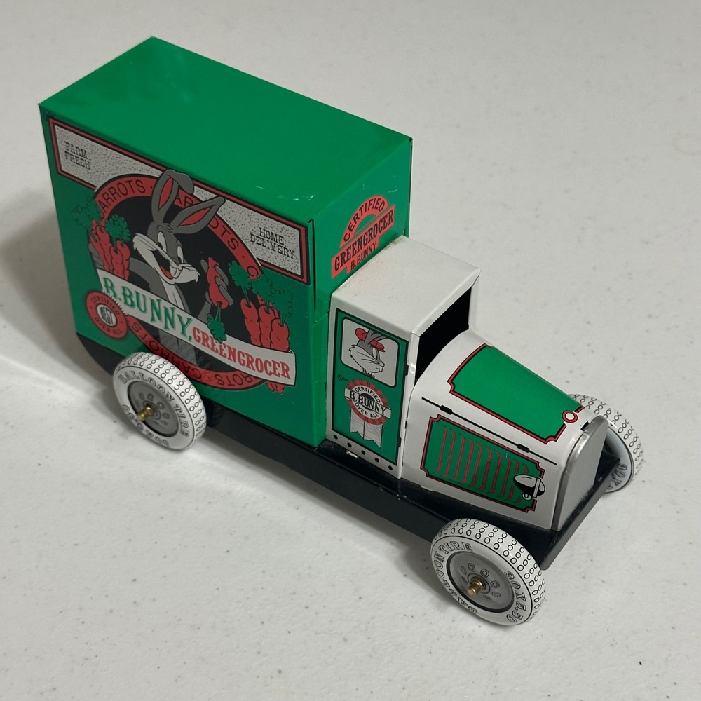 Warner Bros Bugs Bunny Green Grocer Delivery Truck Tin Metal Litho Green Vintage